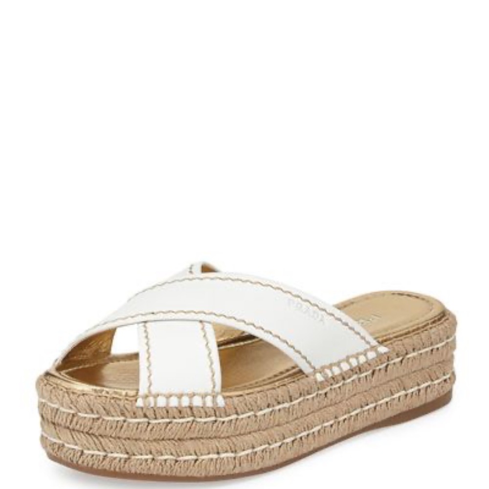 Prada White and Tan Espadrille Platform Sandals